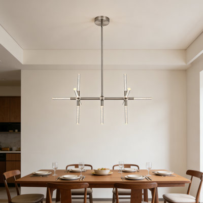 Modern 26W Integrated LED Chandelier, Brushed Nickel Metal Frame With Crystal Bubble Acrylic, Adjustable Length For Kitchen Island Dining Room Entryway 110V