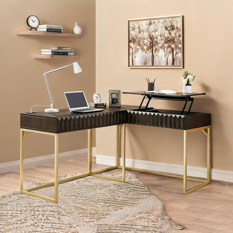 Bureau d'ordinateur avec plateau relevable et port USB, bois massif brun riche et acier doré, poste de travail rectangulaire de 56,75 pouces
