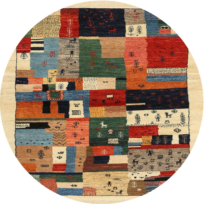 Tapis gris/beige/rouge contemporain, Rond 5 pi