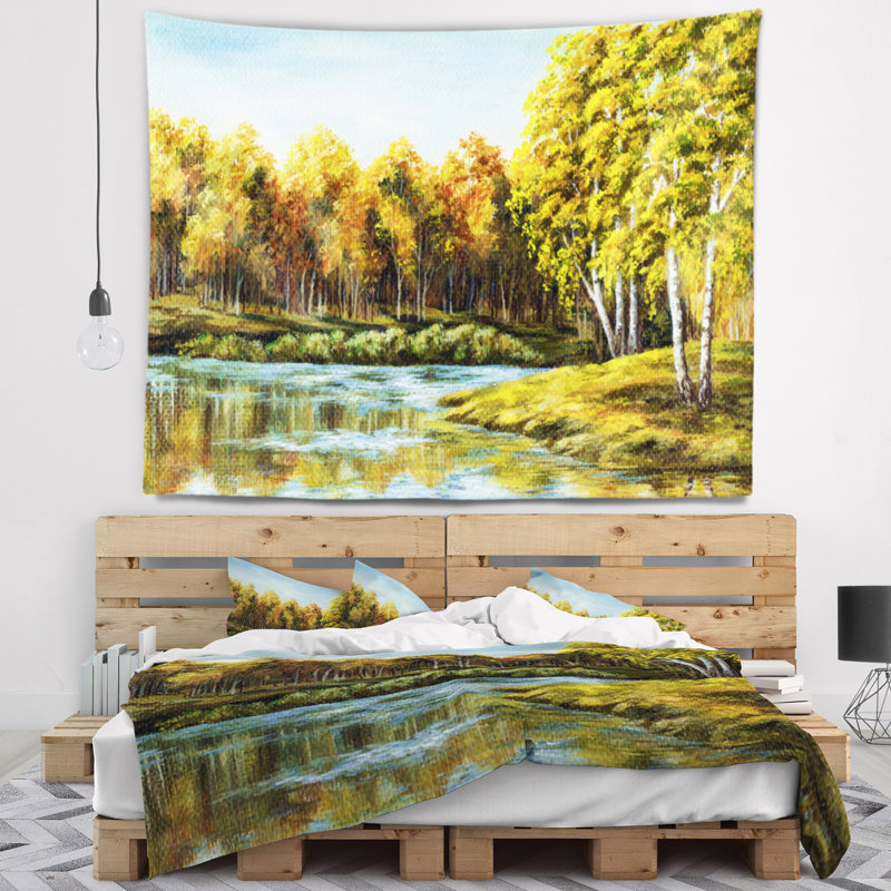 Tapisserie de paysage vert automne lac, H 32 po x l 39 po