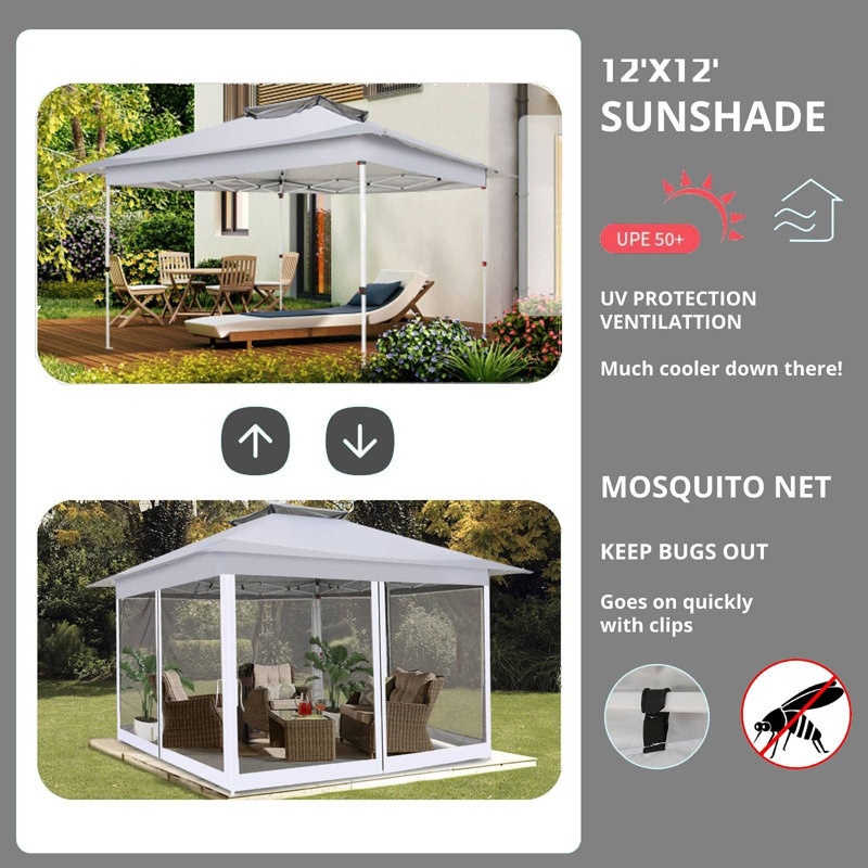 12x12 Outdoor Pop Up Canopy with Mosquito Netting Patio Tent Backyard Canopy with 2-Tiered Vented Top 3 Adjustable Height