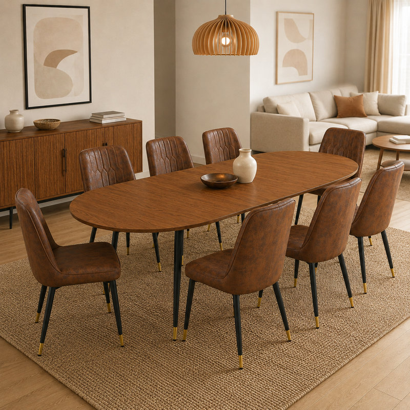 9-Piece Extendable Wood Dining Set, 9 Pieces: Table, 8 Chairs, Brown