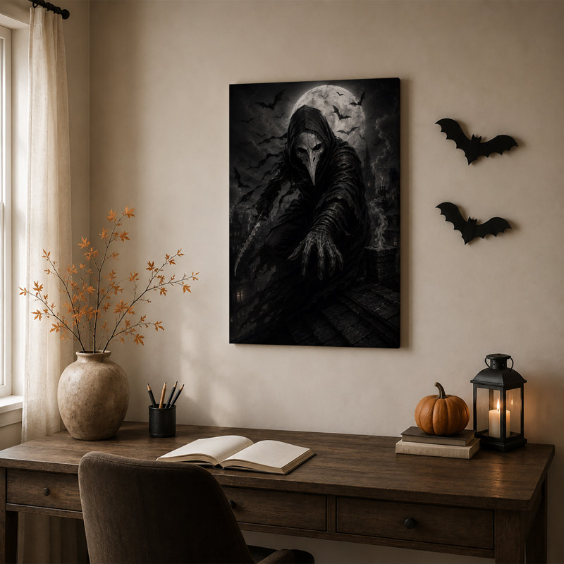 «Dark Plague Doctor on Gothic Rooftop Under Full Halloween», art mural sur toile, H 36 po x l 24 po