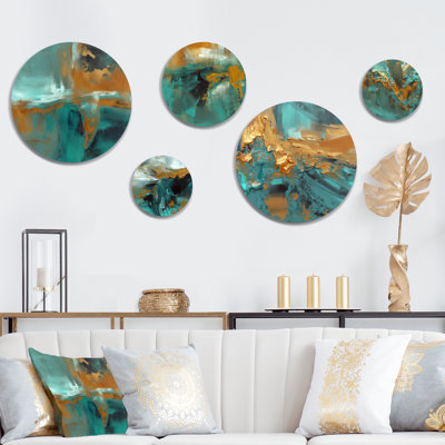 Gold and Teal Balance I Round Metal Wall Decor