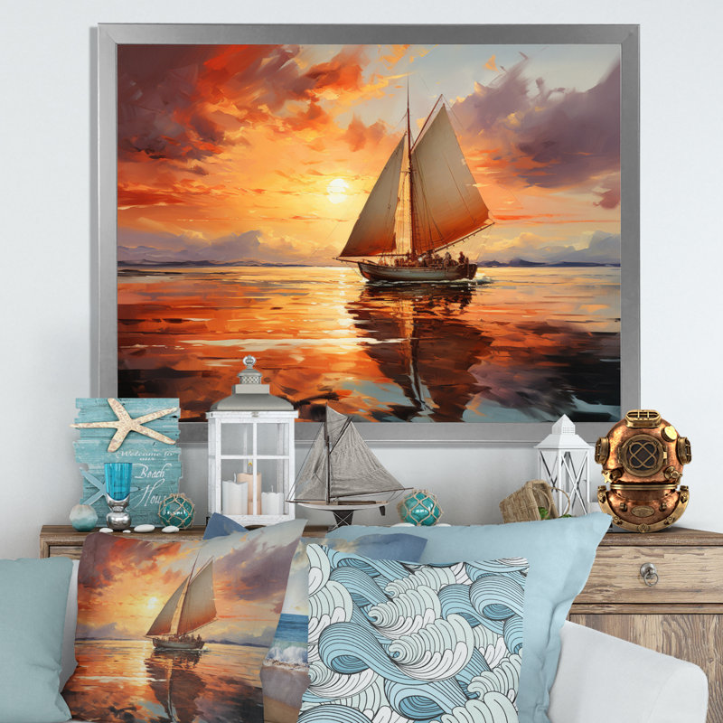 Voilier Ocean Dance I - Bateau à voile, reproduction d'art mural, H 16 po x l 32 po x P 1 po, Cadre simple argenté