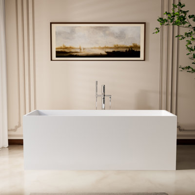 StonePure 63"×28" Freestanding Square Solid Surface Stone Bathtub,  15.2" Deep Soaking Tub with Overflow, Pop-up Drain And Anti-slip Base