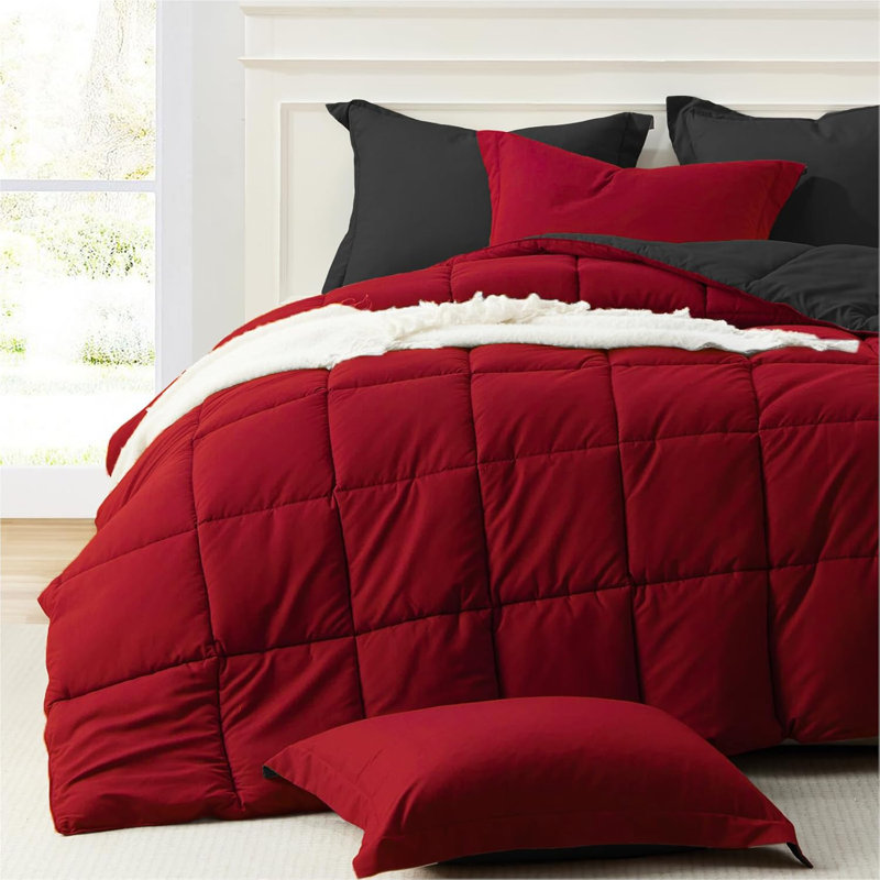 Homelike Moment Reversible Comforter Set - Lightweight All Season Down Alternative Comforter with Sham, Red/Black