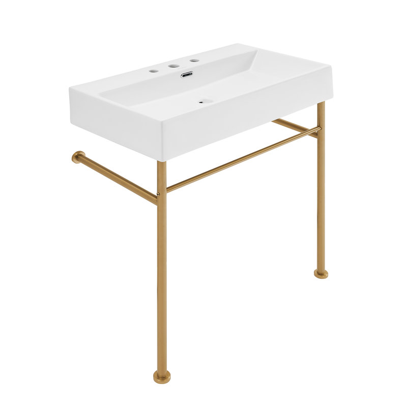 Claire 24" Console Sink White Basin Chrome Legs With 8" Widespread Holes, White/Gold