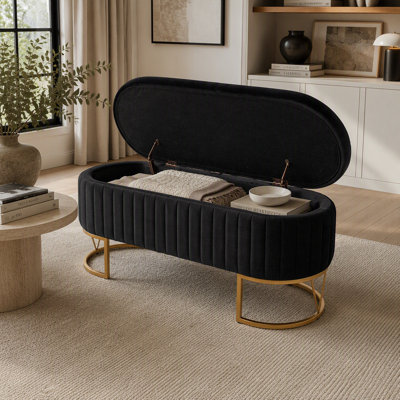 Banc ottoman de rangement en velours de 116 cm avec pieds en métal doré
