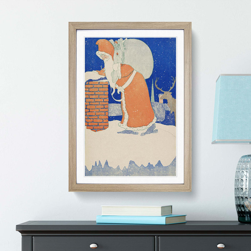 Father Christmas with Reindeer - Picture Frame Painting Print, 50cm H x 35cm W x 2cm D, Oak