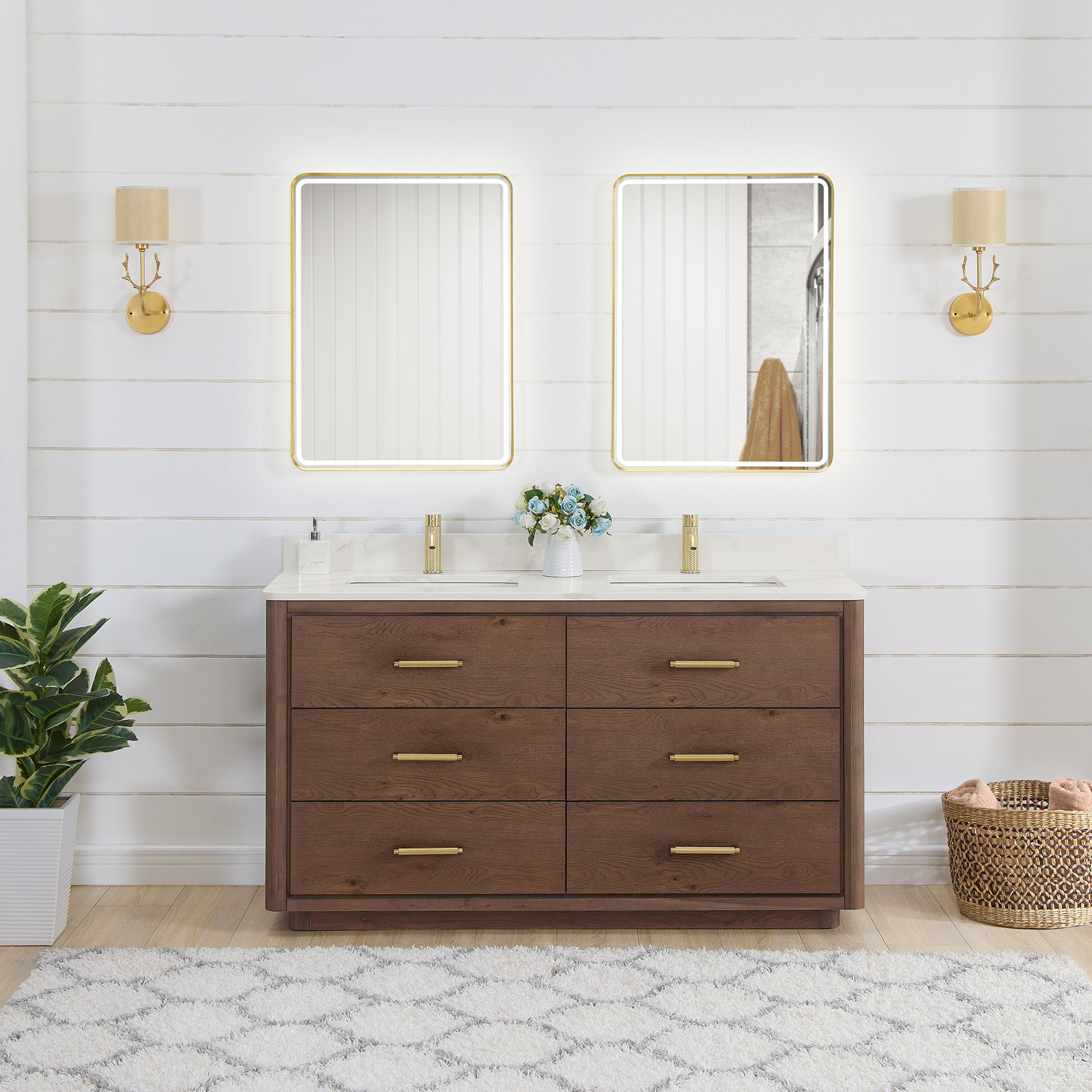 Porto 60'' Double Bathroom Vanity, Dark Brown Oak, Gold