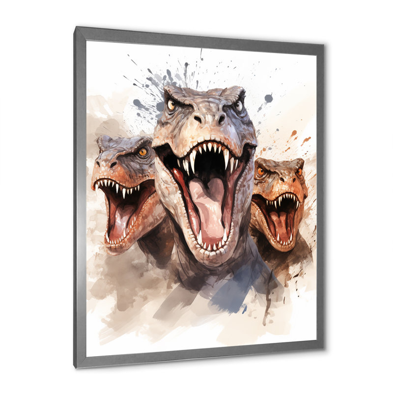 «Family of Velociraptor Dinosaurs Portrait» - art mural dinosaure, Cadre simple argenté, H 44 po x l 34 po x P 1,5 po