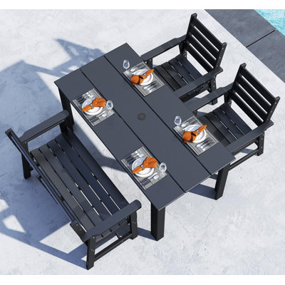 Table de patio en PEHD + chaises de salle à manger + banc