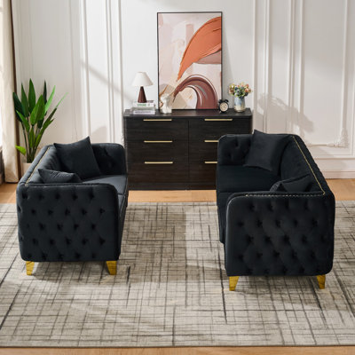 Canapé capitonné en velours 3 + 2 places avec pieds dorés, canapé Chesterfield avec accents en acier inoxydable doré pour le salon, la chambre à coucher, le bureau, noir