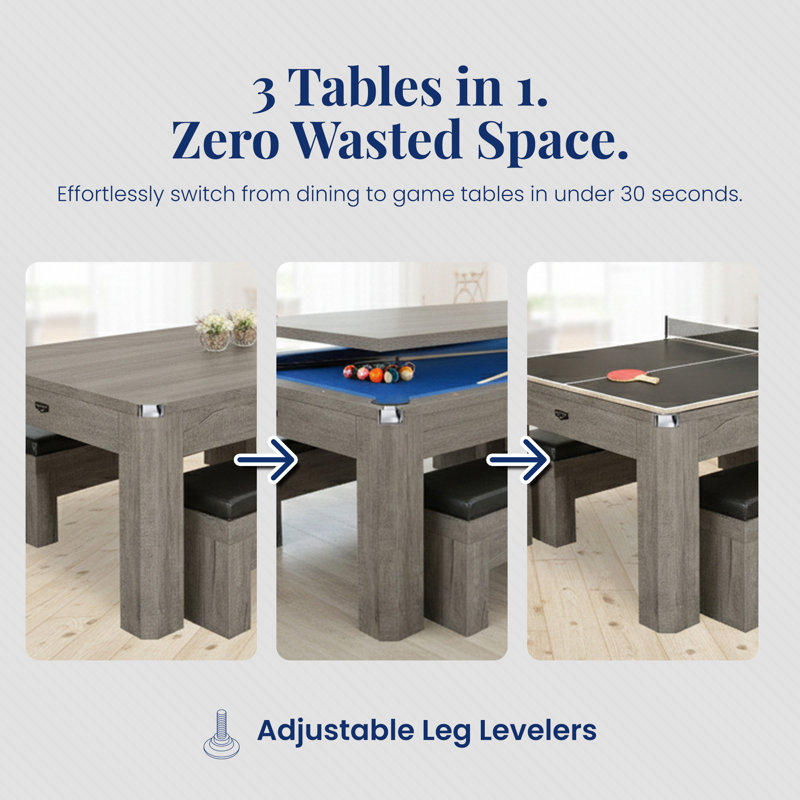 Table de billard 7 pieds Hathaway Newport - table de jeu 3 en 1 avec plateau de tennis de table réversible et plateau de salle à manger - comprend des accessoires de jeu et deux bancs - accents chromés, finition gris rustique, feutre bleu
