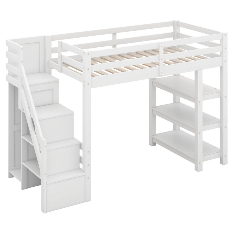 Lit mezzanine avec escalier et tablettes de rangement, structure de lit mezzanine en bois avec lumières DEL et bibliothèque, lits mezzanine peu encombrants