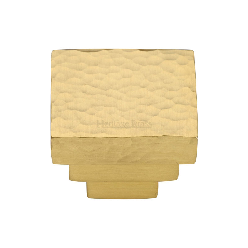 Heritage Brass Heritage Cabinet Knob Square Stepped Hammered Design, Satin Brass