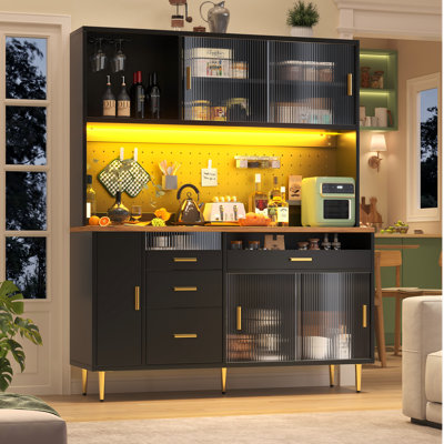 Kitchen Cabinet With Led, 5 Doors And 2 Drawers Black