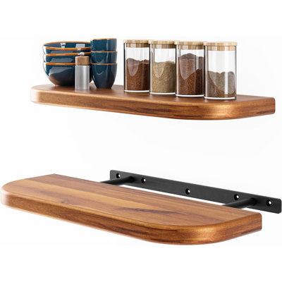 17" Acacia Wood Floating Shelves Wall Mounted (Round Edge) – Rustic Farmhouse Wooden Wall Storage Shelf For Bedroom, Kitchen - Brackets And Shelving Hardware Included (Acacia, 17 Inch Length)