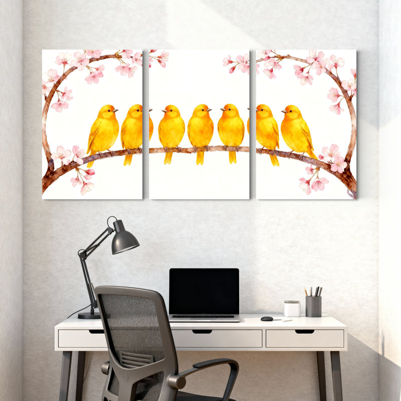Oiseaux jaunes sur une branche de cerisier en fleurs, ensemble de 3 impressions sur toile, H 18 po x l 36 po