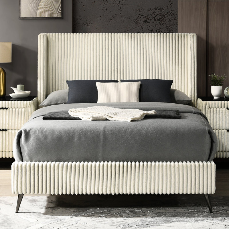 Cream Queen Bed - Luxurious Corduroy Upholstery, Comfortable Wing Back Headboard, Modern Bedroom Decor, 4 Wooden Slats In Soft Wide Wale Stylish Contemporary Bedroom,