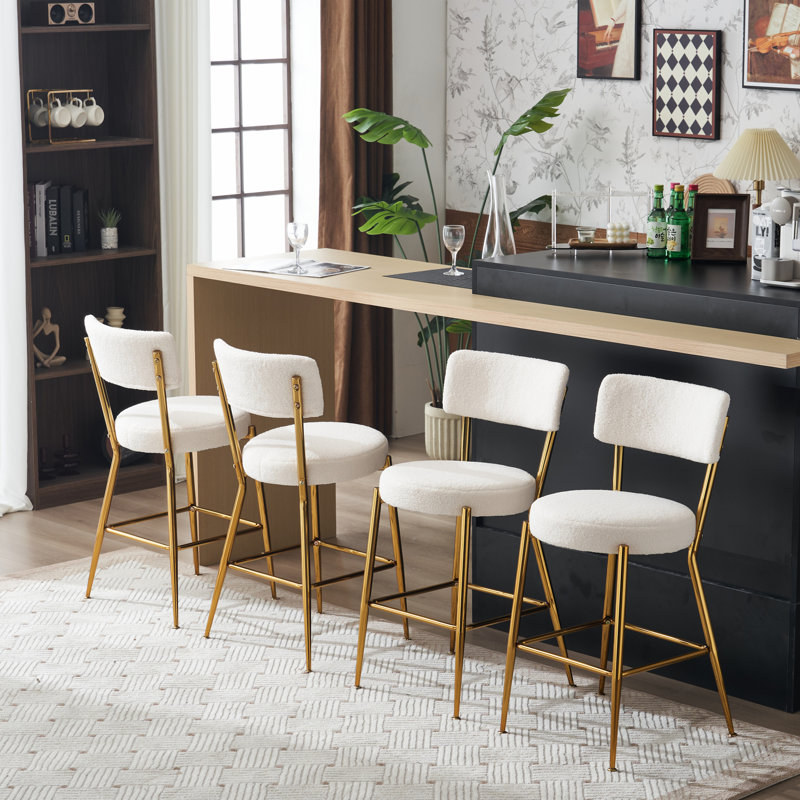 Modern Teddy Fabric Upholstered Barstools(Set of 2), White Seat/Gold Frame