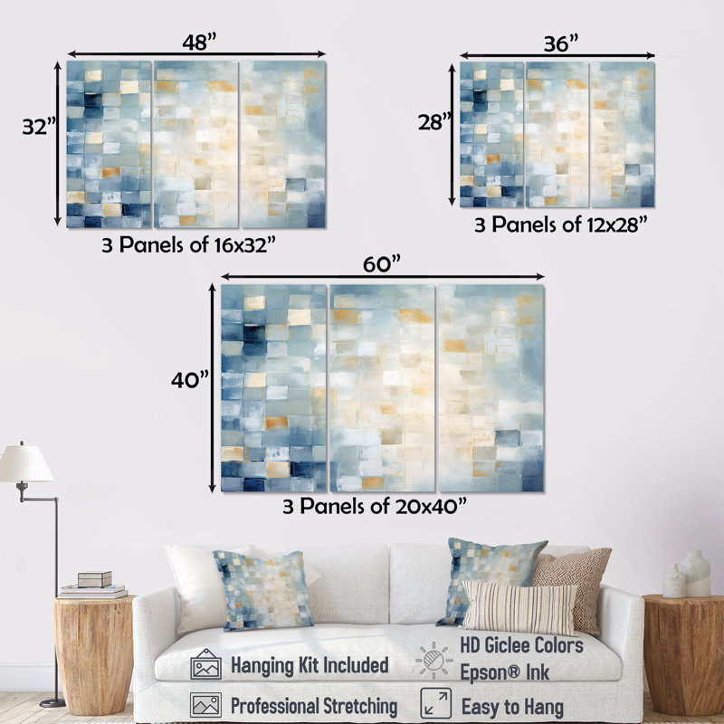 Carrés cubiques bleus apaisants - ensemble d'art mural abstrait, H 28 po x l 36 po x P 1 po, Toile tendue