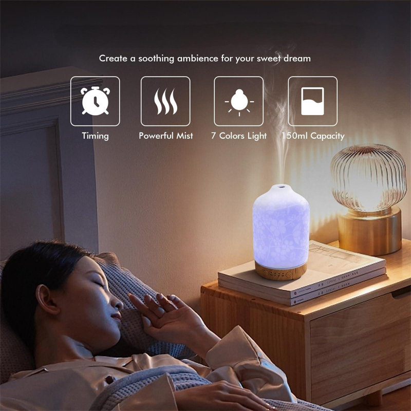 Diffuseur d'huile essentielle d'aromathérapie Aromathérapie, diffuseur d'huile ultrasonique en céramique 150 ml, réglage de minuterie silencieuse 7 lumières DEL changeantes pour le bureau à domicile (fleur de cerisier)
