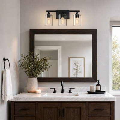 Applique murale à 3 lumières pour meuble-lavabo noir mat, applique industrielle en métal avec abat-jour cylindrique en verre transparent, applique murale pour salle de bain (sans ampoule)