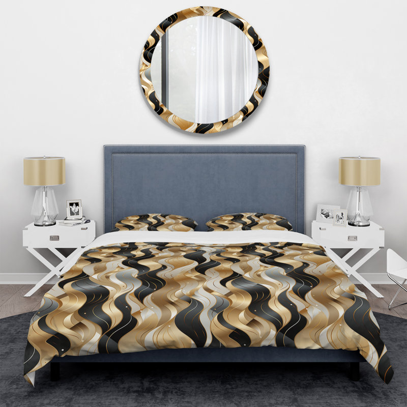 Ensemble de housse de couette doré et blanc champagne, Housse de couette pour grand lit et 2 taies décor