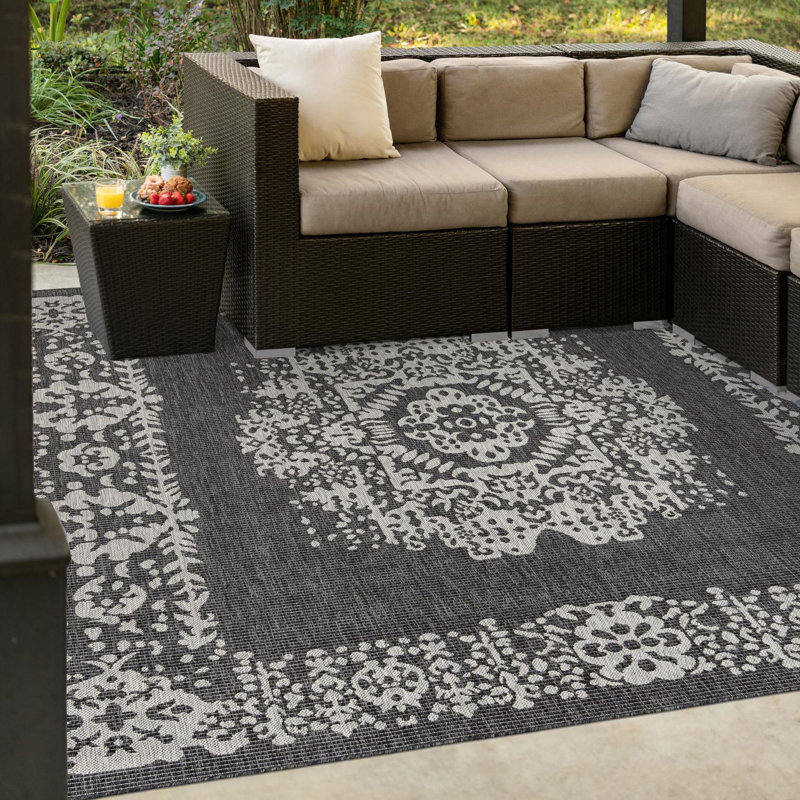Cowart Oriental Charcoal Gray Area Rug, Square 7'10"