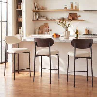 Modern Bar Stools Set of 3, 24 Inch Upholstered Beige Faux Leather Counter Height Stools with Curved Backrest & Black Metal Legs, Wood Grain Back Bar Chairs for Kitchen Island