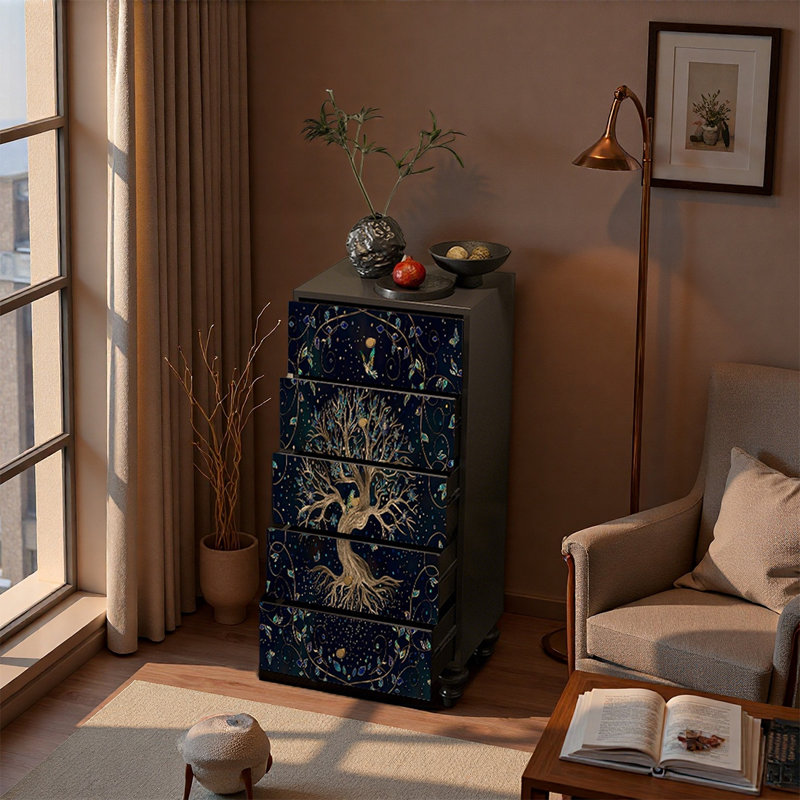 Armoire décorative à cinq tiroirs en bois de frêne, Noir