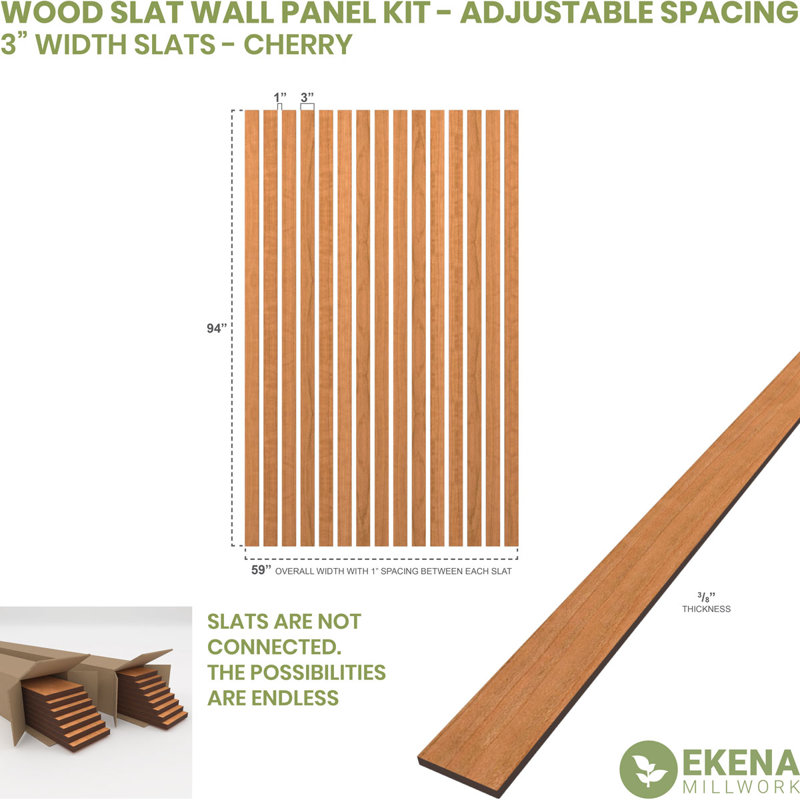 Adjustable Wood Slat Wall Panel Kit, Cherry, 1"W x 47"H x 0.375"T