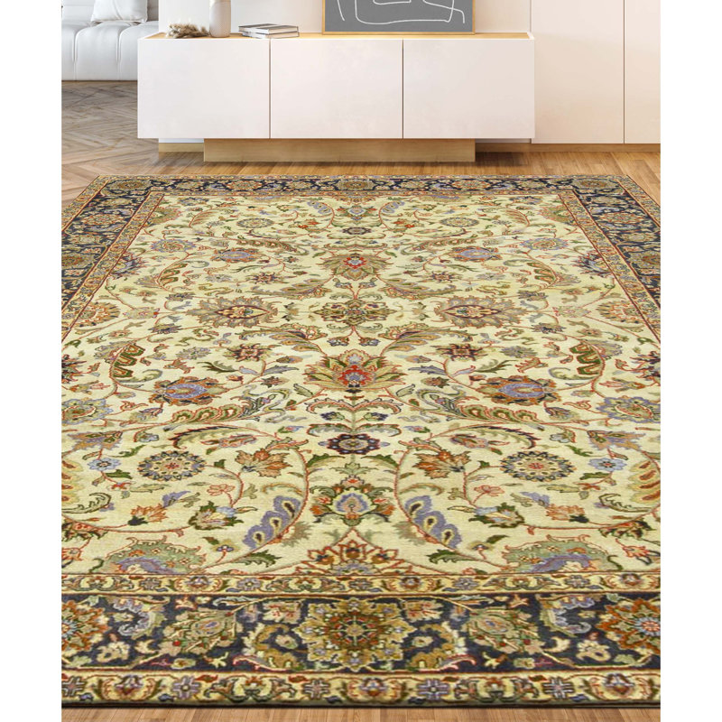 Tapis ivoire et noir noué à la main de haute qualité