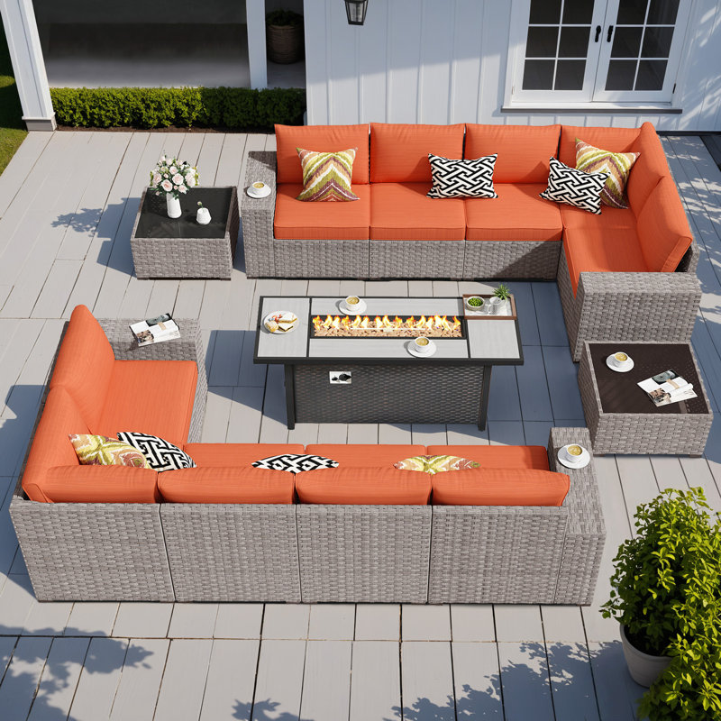 10 - Person Outdoor All Weather Wicker Sectional Seating Group with Cushions and Fire Pit Table, Orange Red