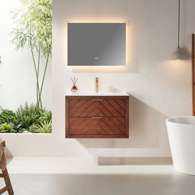 Meuble-lavabo simple mural de 30 po avec plateau en céramique et structure en bois massif entièrement assemblé