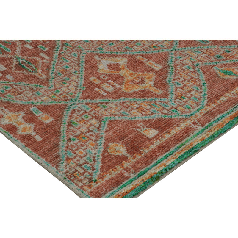 Moroccan Hand Knotted Geometric Area Rug in Red, Green, Orange, Teal, Runner 3' x 8'