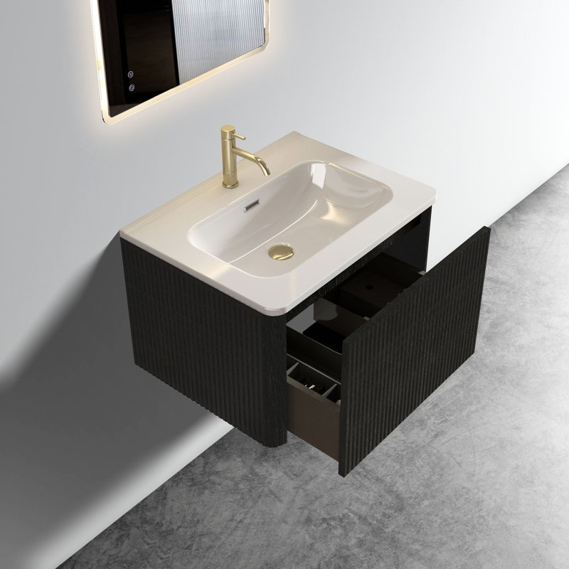 Meuble-lavabo moderne 24 po - Chêne noir brossé rayé, lavabo blanc brillant