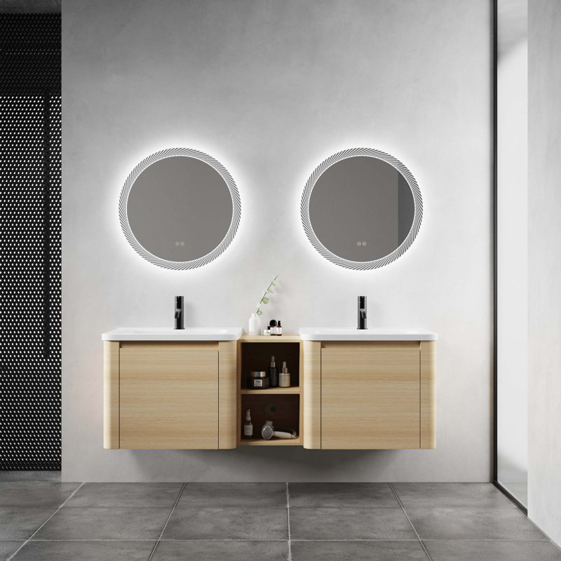 Meuble-lavabo mural 60 po avec lavabo en céramique, tablettes de rangement et 2 portes à fermeture en douceur