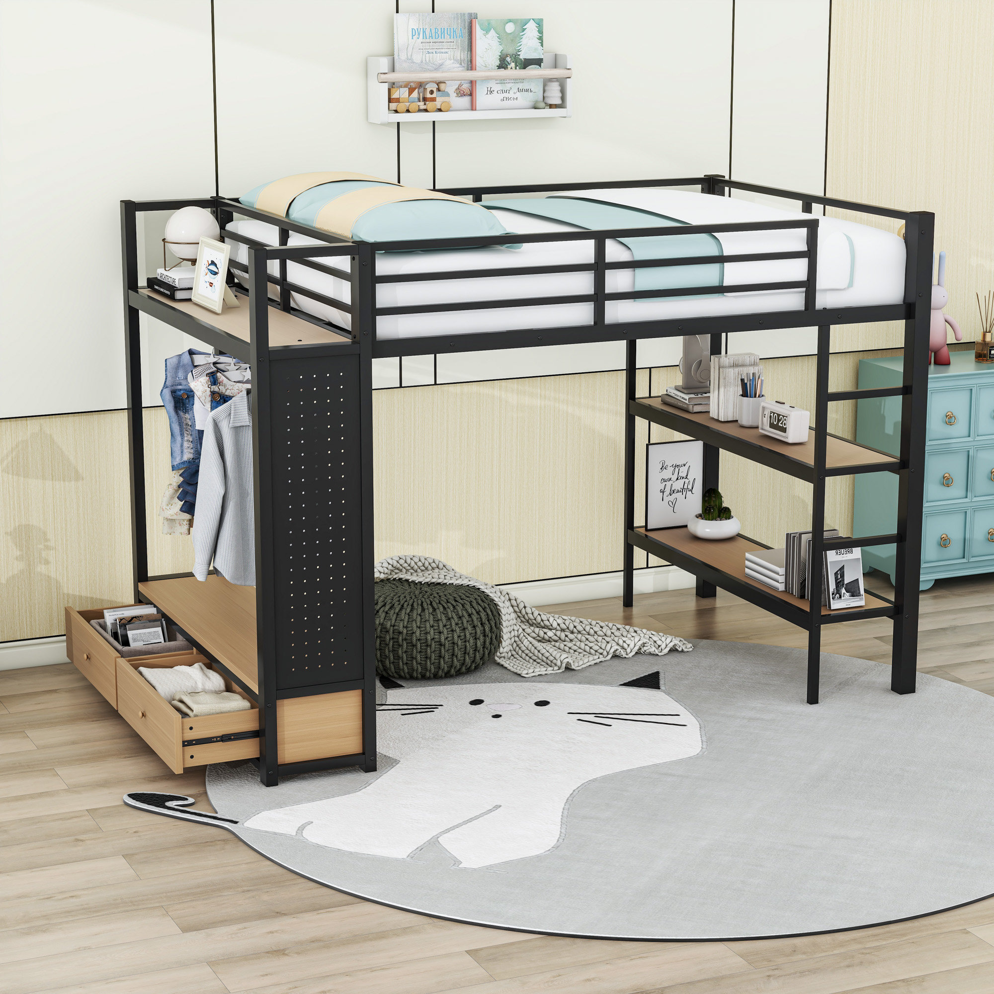 Harriet Bee Two Drawers Metal Loft Bed With Storage Shelves And ...