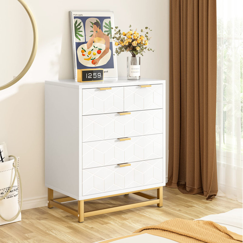 Commode 5 tiroirs L 23,6 po Latawn, Blanc / Doré