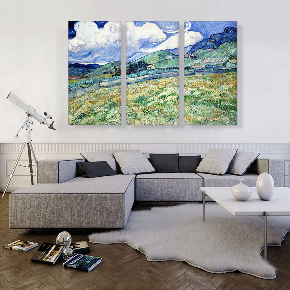 " Wheat Field Behind Saint-Paul 1889 " by Vincent Van Gogh 3 - Pieces Painting Print ARTCANVAS