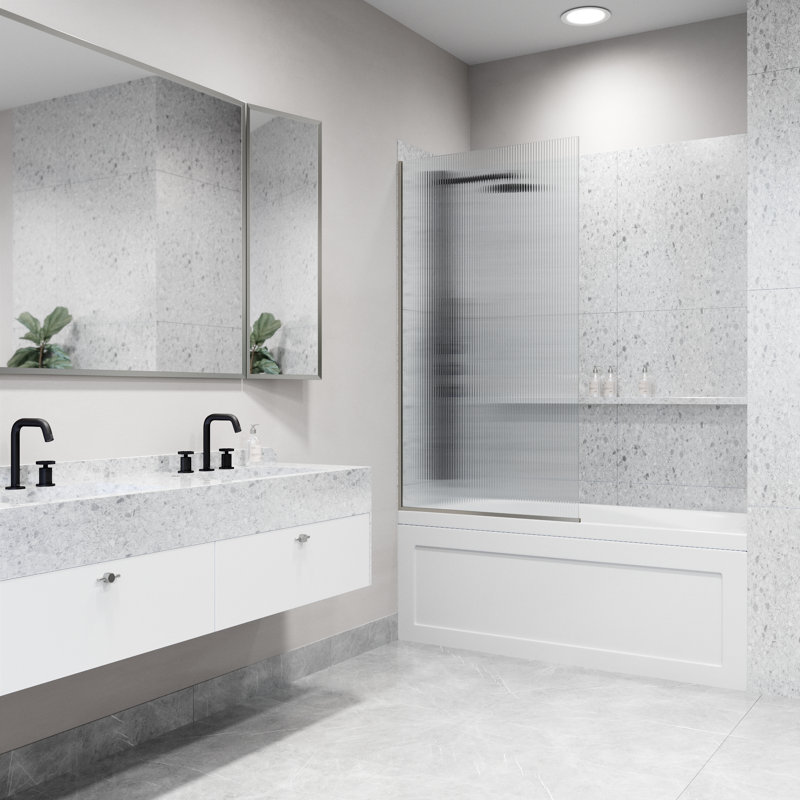 Zenith 34" W x 62" H Fixed Frameless Bathtub Screen with 3/8" Glass, Stainless Steel Fluted