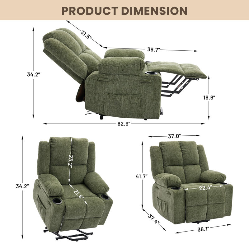 Power Lift Recliner Chair with Massage & Heat, Dual Motor Oversized, Steel Frame & Soft Fabric, 350lb Capacity, Green Linen