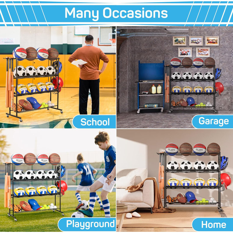 Adjustable Rolling Ball Storage Rack with Baseball Bat Holder