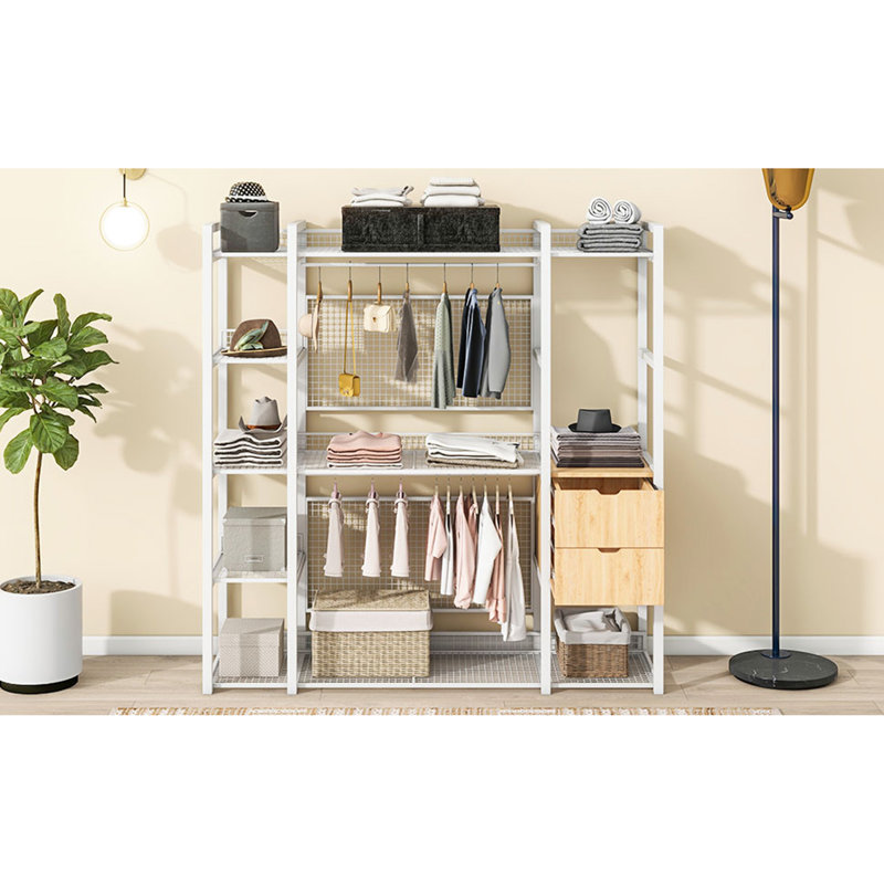 Garde-robe de style ouvert avec rails, tablettes et tiroirs suspendus, Blanc