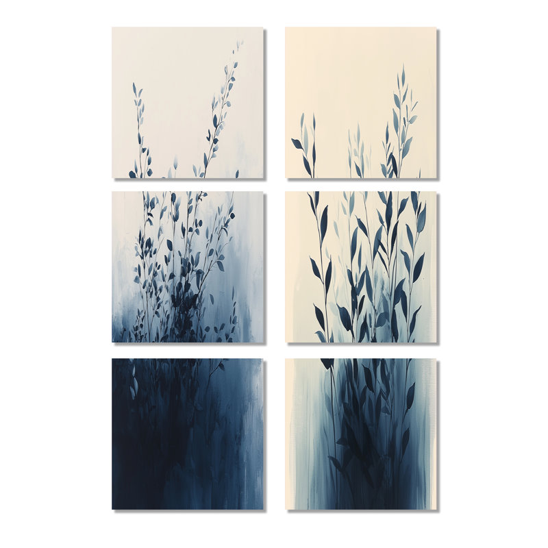 Minimalisme solitude des feuilles en monochrome - ensemble d'art mural sur toile florale de 6, Toile tendue