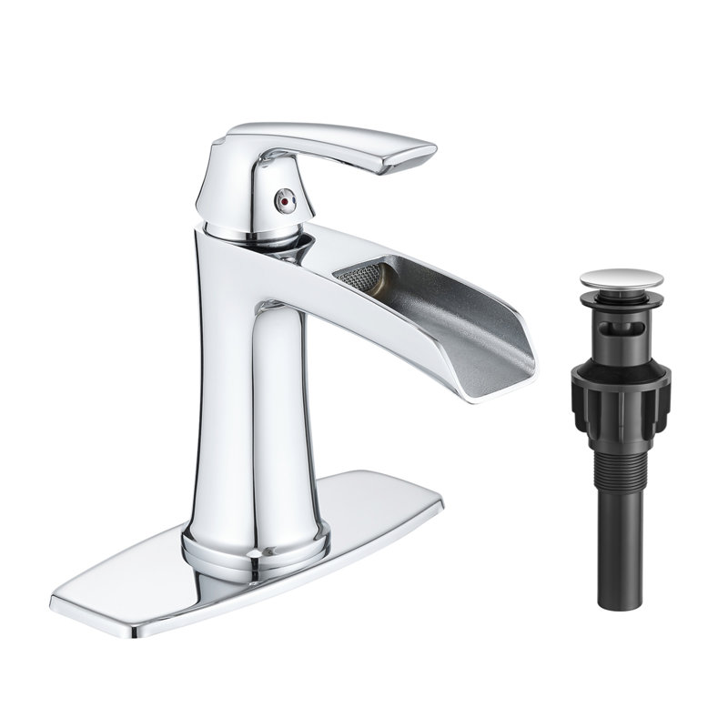 Chrome Waterfall Bathroom Faucet With Pop-Up Drain And Deck Plate - Single Handle Bathroom Faucet, Chrome