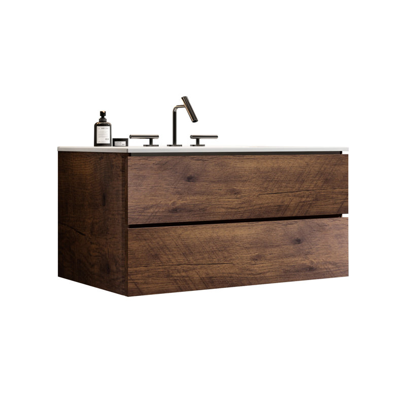 Meuble-lavabo mural 36 po - blanc + noyer, design élégant, tiroirs silencieux, meuble-lavabo moderne avec rangement abondant, support, espace considérable, trois trous de robinet,